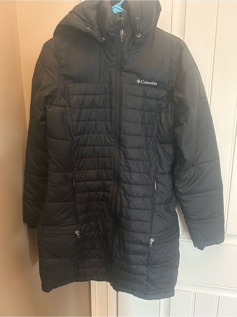 Women’s Columbia Black Quilted Long Hooded Puffer Coat Size Small